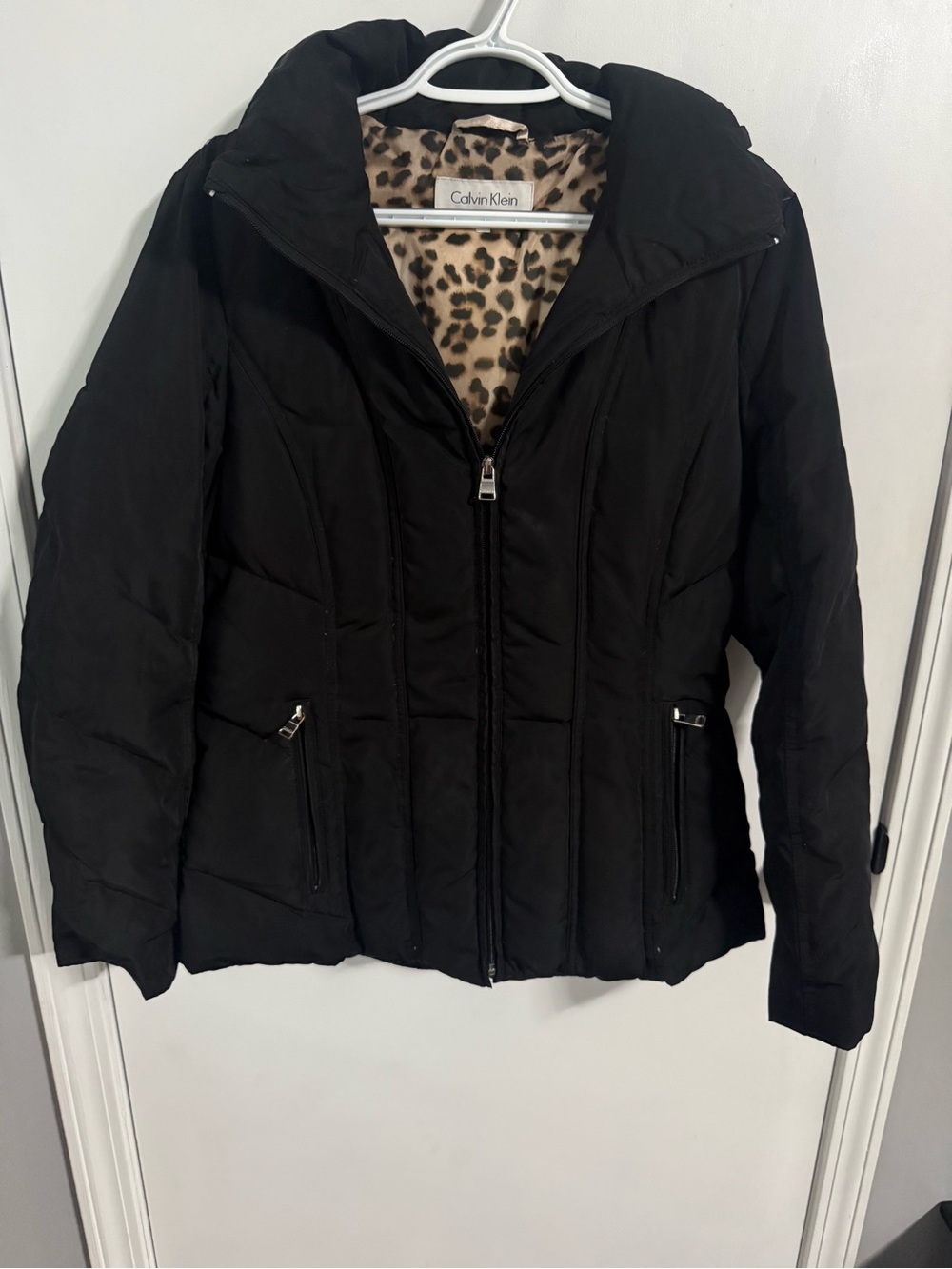 Calvin Klein Black Puffer Jacket with Leopard-Print Lining